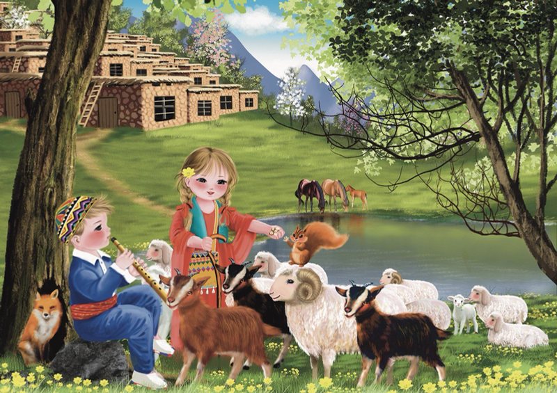 Flock by the Village — Digital painting